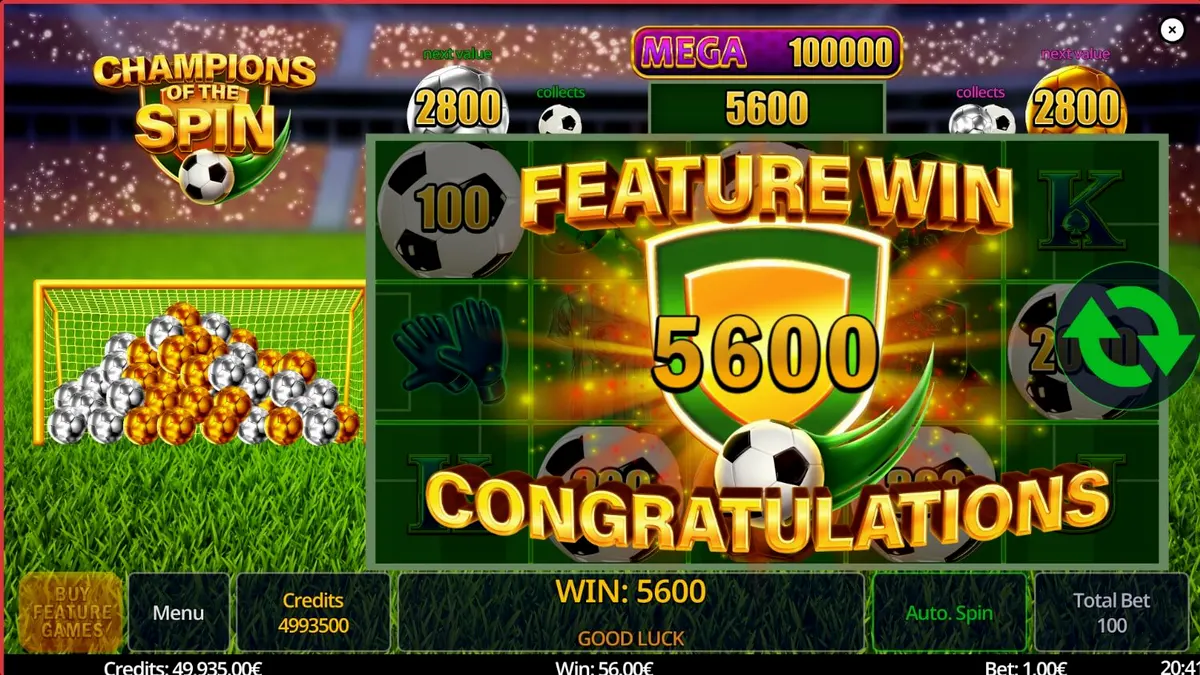 Interface de jogo do slot Champion of The Spin com tema de estádio de futebol