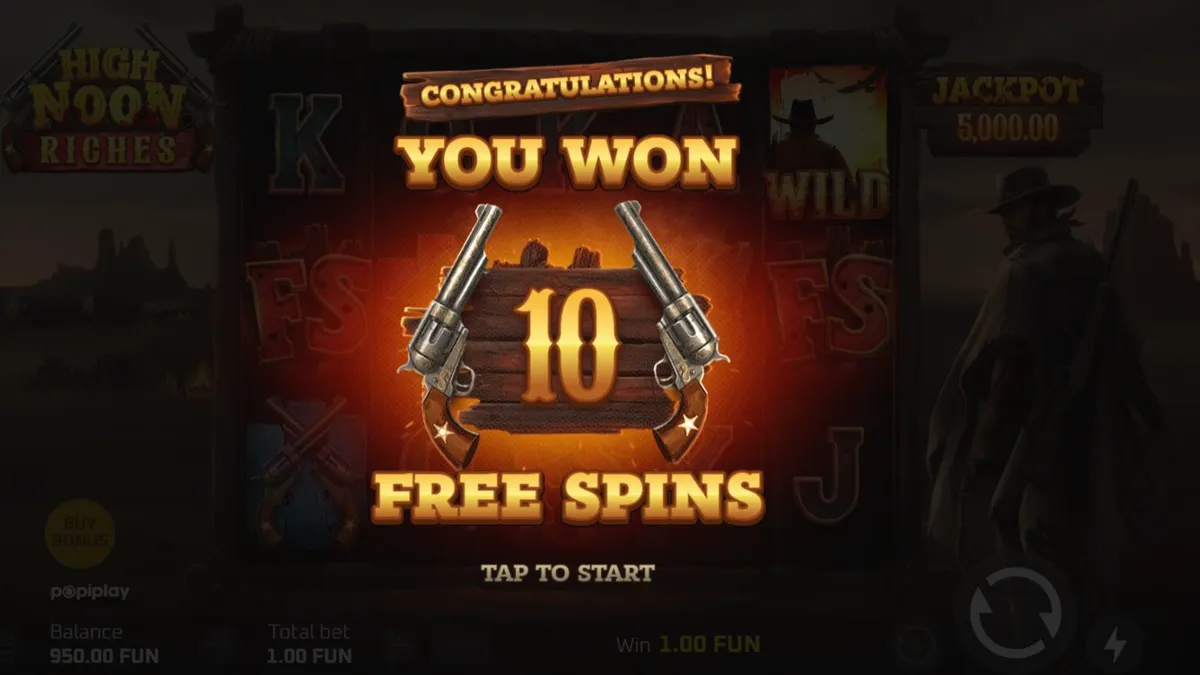 Cenário de deserto e duelo de faroeste em High Noon Riches