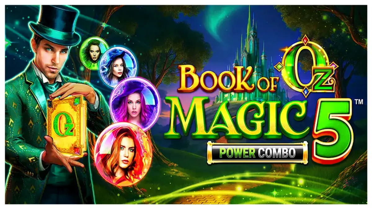 Interface mágica do slot Book of Oz Magic 5 Power Combo com elementos de fantasia