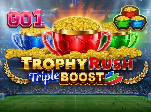 Interface do jogo Trophy Rush Triple Boost com moedas douradas e elementos de estádio
